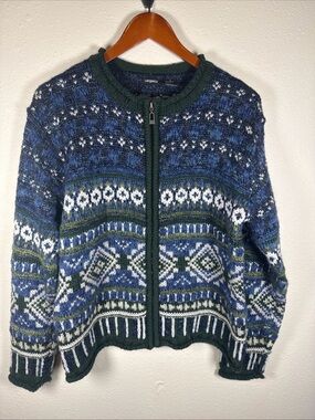 Tangents Blue Green Full Zip Wool Blend Sweater L Fair Isle Grandmacore Grandpa